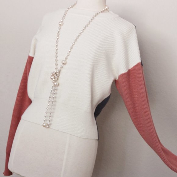 NEW Comune Bonnie Pink Indigo Ivory Colorblock Rib Knit Crew Neck Sweater $88 - Picture 5 of 13